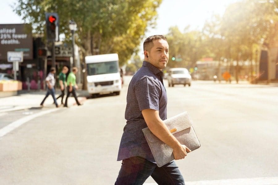 man crossing road