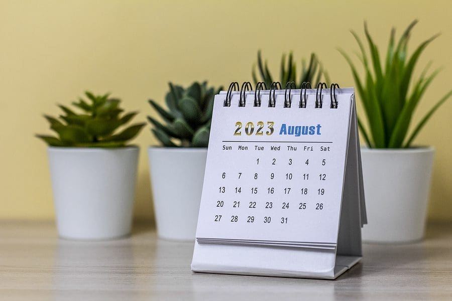 Desktop calendar for August 2023.Calendar for planning for the month.