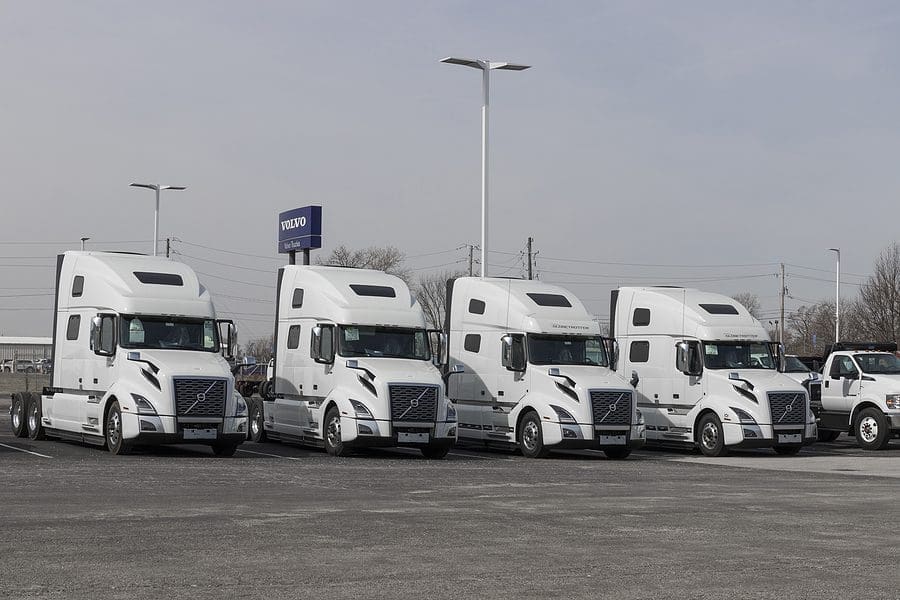 Indianapolis - Circa March 2022: Volvo Semi Tractor Trailer Truck display at a dealership. Volvo Trucks is one of the largest truck manufacturers.